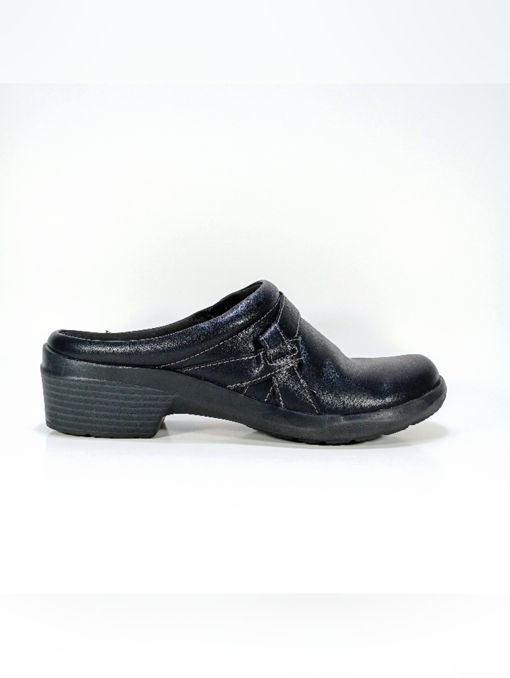 Clarks Angie Mist Womens 8 Black Leather Wedge Heel Slip On Shoes Mules